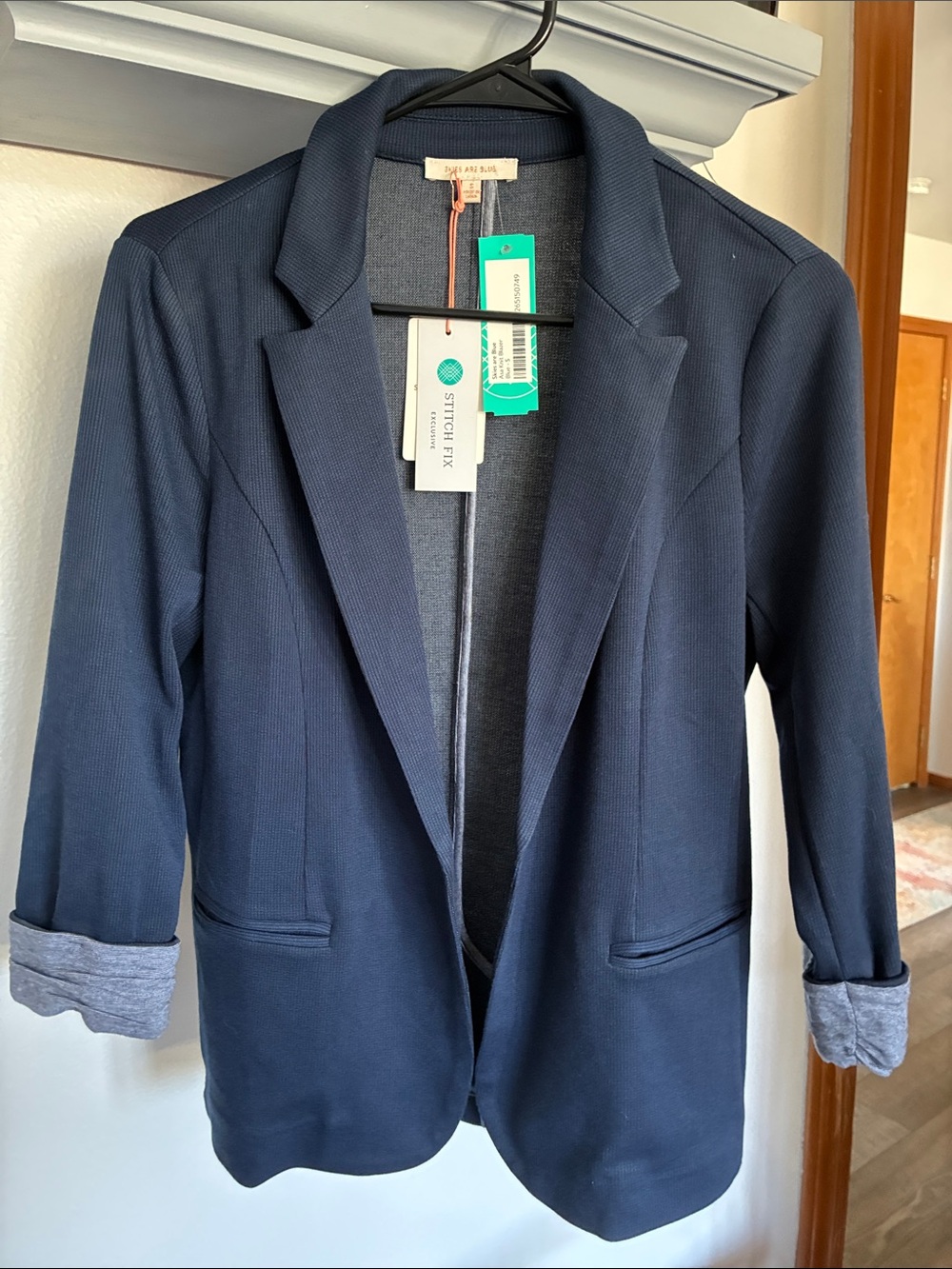 Skies Are Blue Navy Open-Front Blazer with Rolled Cuffs